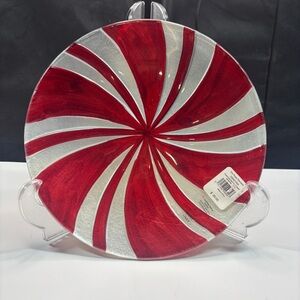 PEPPERMINT CANDY RED WHITE SWIRL Glass SERVING PLATTER NEW Set Of 4
